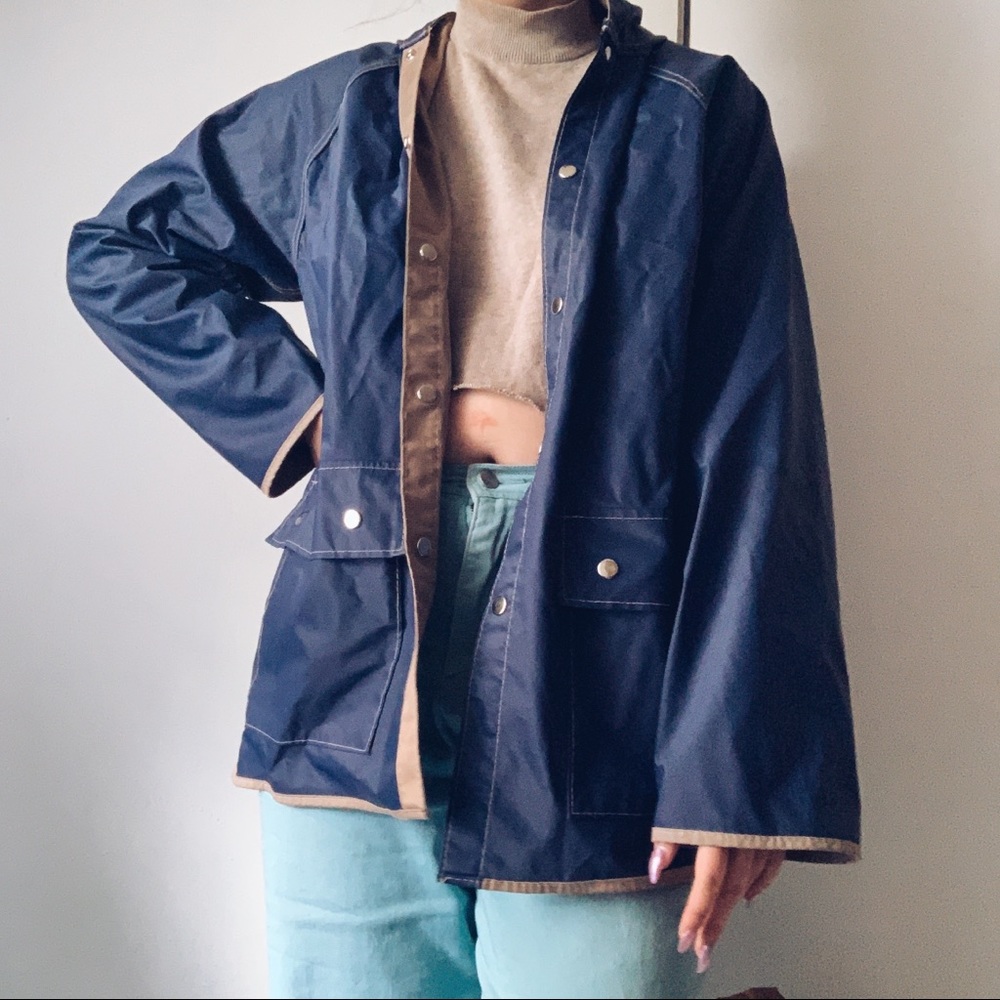 van heusan navy and tan rain jacket coat large